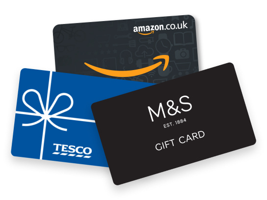  a stack of gift cards including Tesco, M and S and Amazon.co.uk