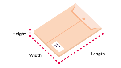Measuring guide highlighting height, width and length areas on a rectangular shaped envelope