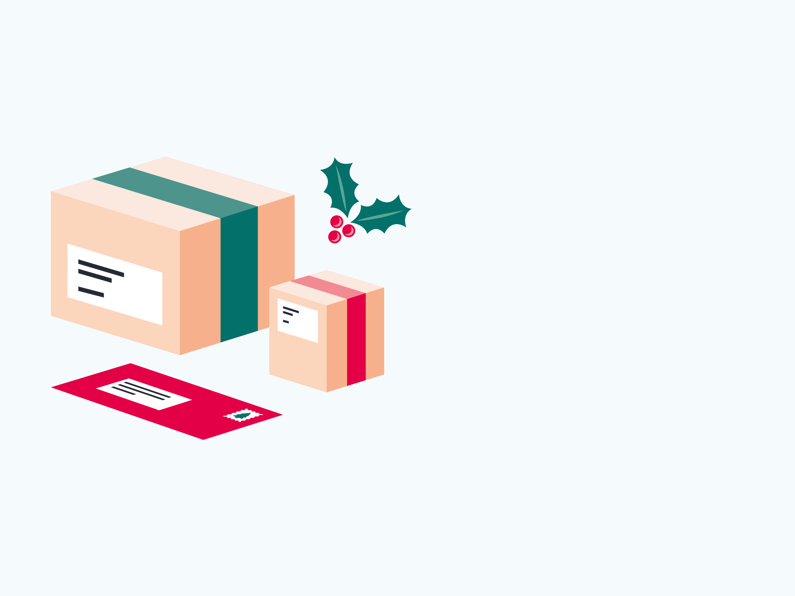 a letter and two parcels in festive colours with a holly cluster