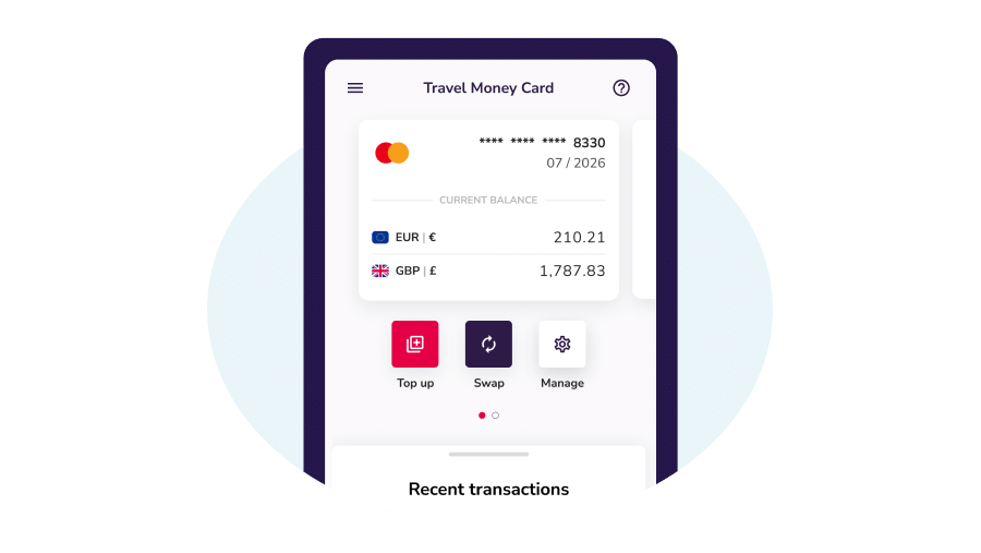 Illustration of mobile phone showing overview screen of the Post Office travel money card app