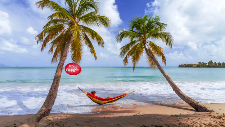 beach scene with hammock, post office sign on palm tree