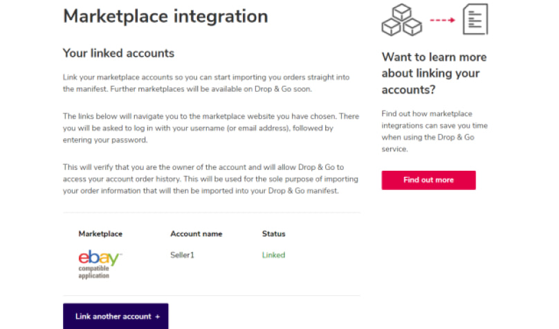 Screenshot of the 'Marketplace Integration' screen showing accounts that have been linked