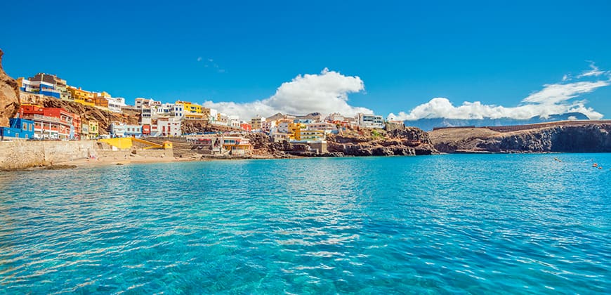 View of blue sea and surrounding town in the Canary Islands town