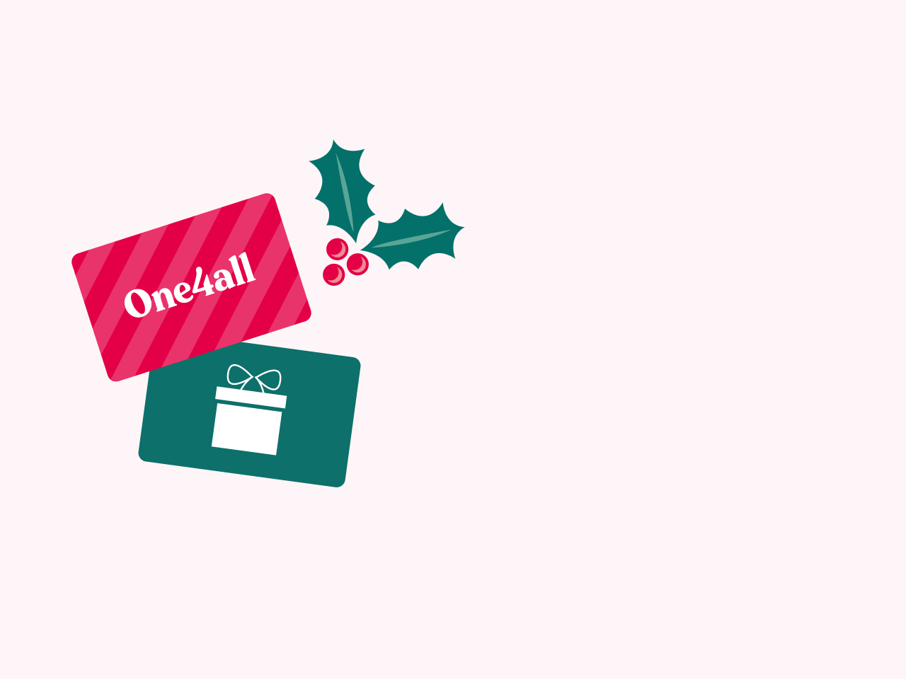two gift cards a red one labelled One4all and a green one with a white package featured and a sprig of holly