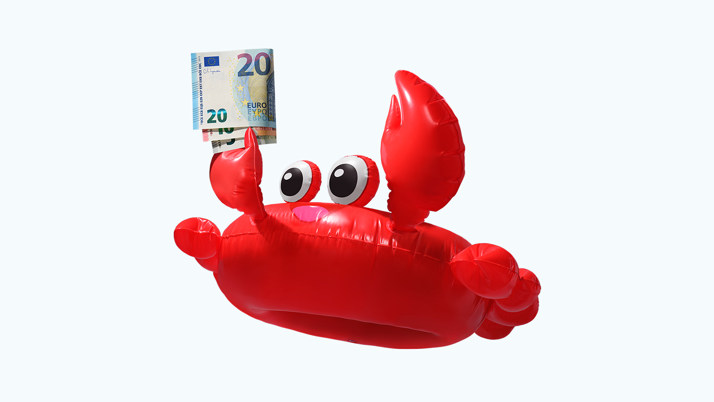 red crab inflatable with euro notes held aloft in its pincer