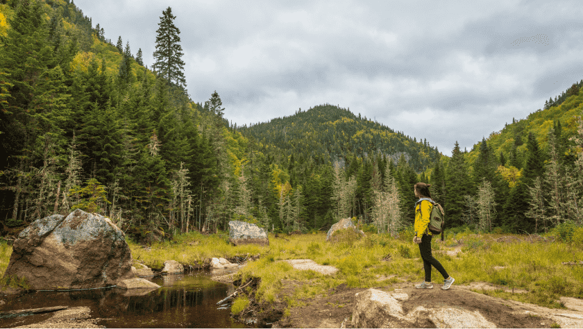 Female backpacker walking through mountains and surrounding trees