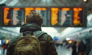 Male wearing winter jacket and backpack looking up at departures board