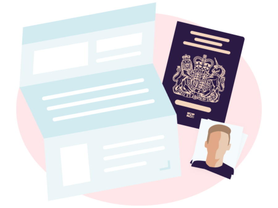 Illustration of id photos, forms and a passport