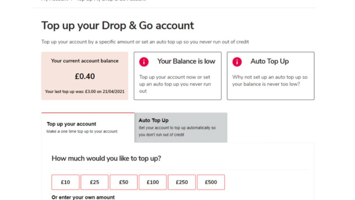 Screengrab of the Top up your drop & go account area