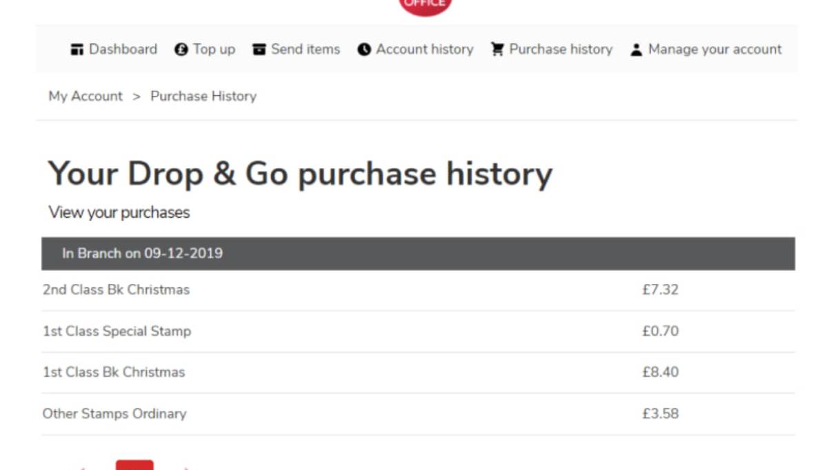 Screenshot of the Drop & Go purchase history screen