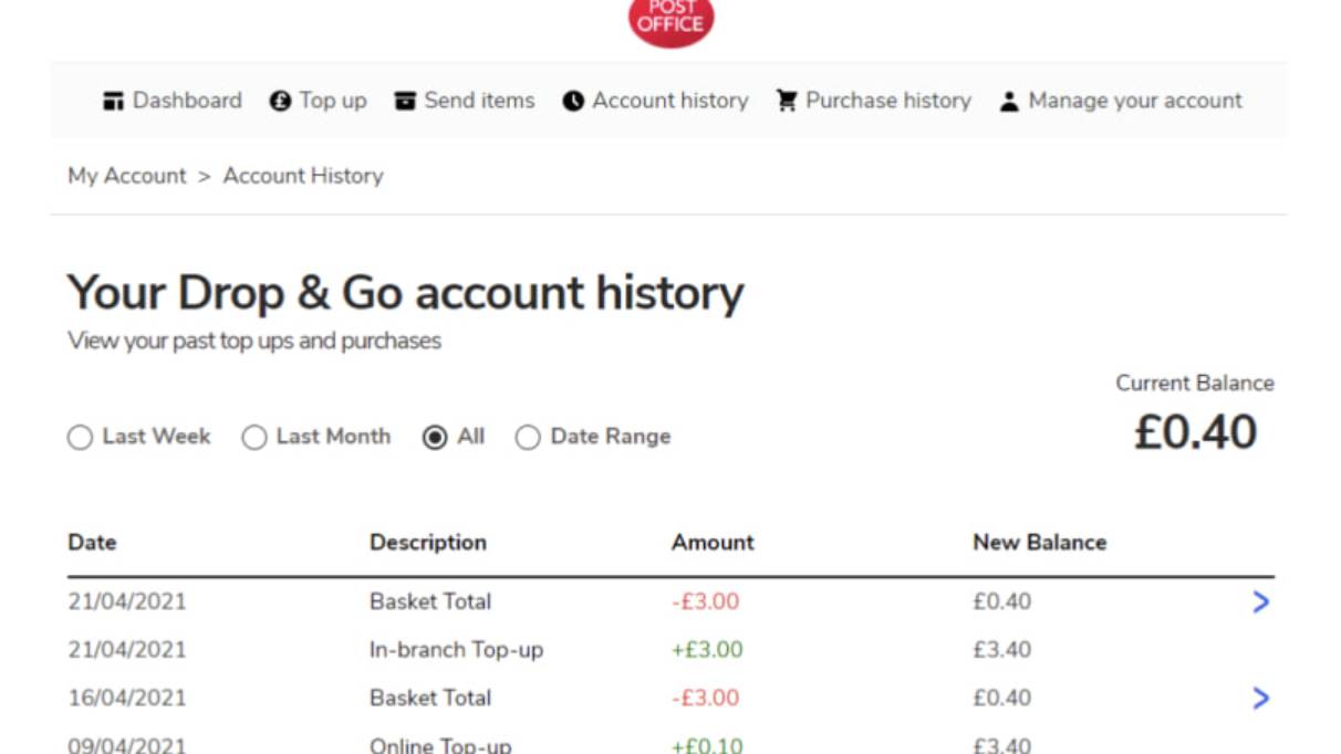 Screenshot of the Drop & Go account history screen
