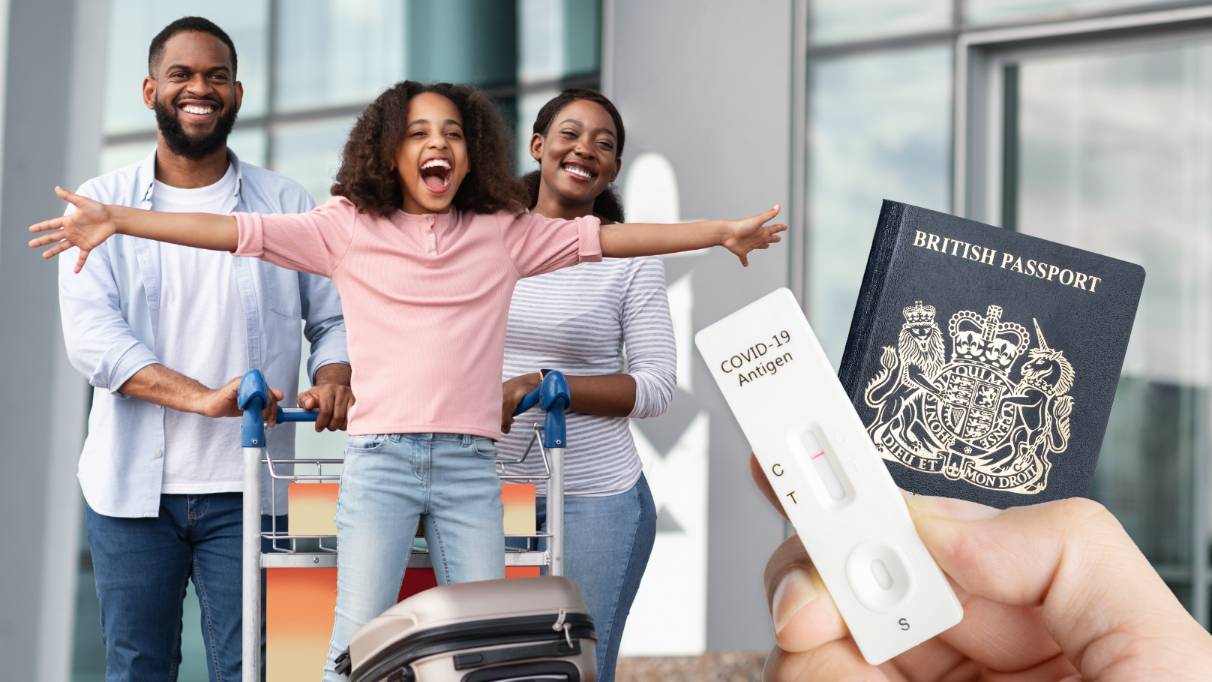 a family at the airport looking very excited. passport and covid test