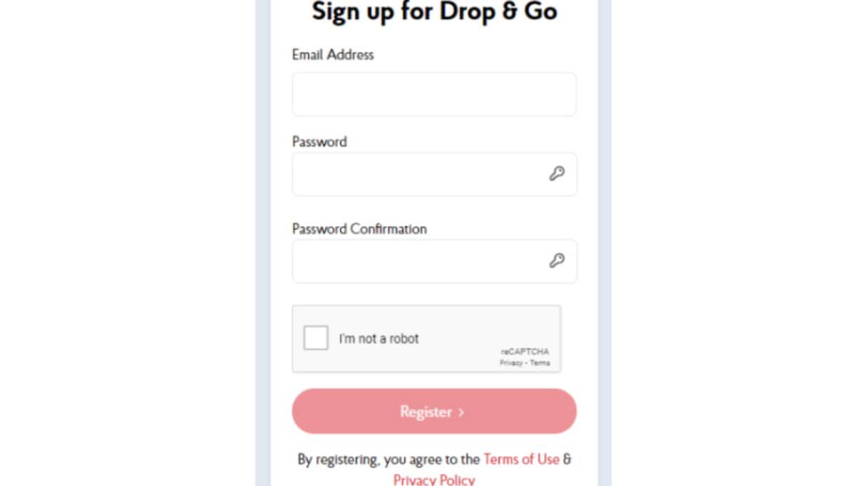 Screengrab of the Sign up for Drop & Go