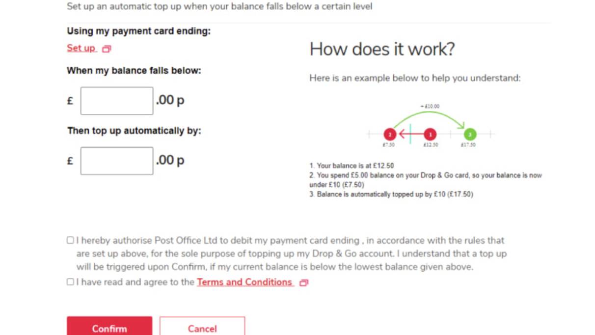 Screengrab of the auto top up drop & go account area
