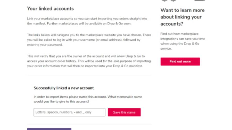 Screenshot of the 'Marketplace Integration' screen showing accounts have been linked