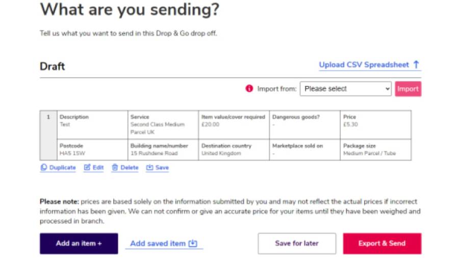 Screenshot of the 'What are you sending?' screen
