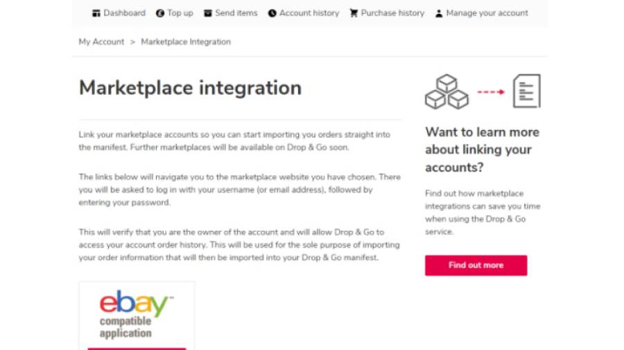 Screenshot of the 'Marketplace Integration' screen with the eBay link option showing