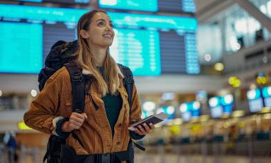 a person standing in an airport terminal and smiling as she looks up at the departure boards