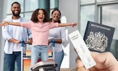 a family at the airport looking very excited. passport and covid test