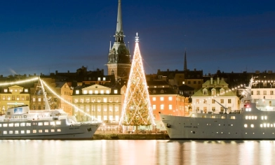 The big wheel on the the left and a Christmas tree on the right at night