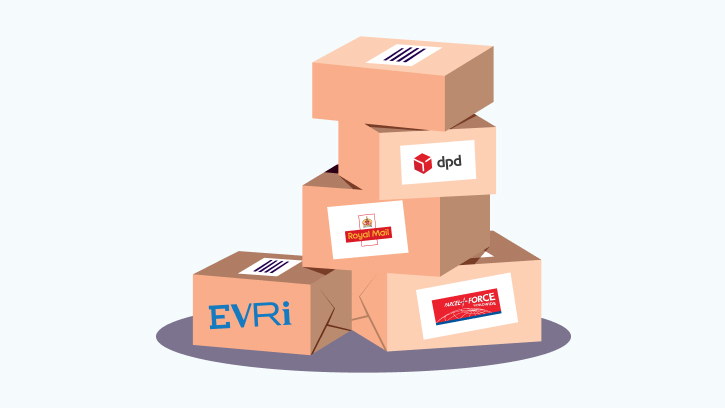 An illustration of a stack of parcels labelled DPD, Evri, Royal Mail and Parcelforce Worldwide
