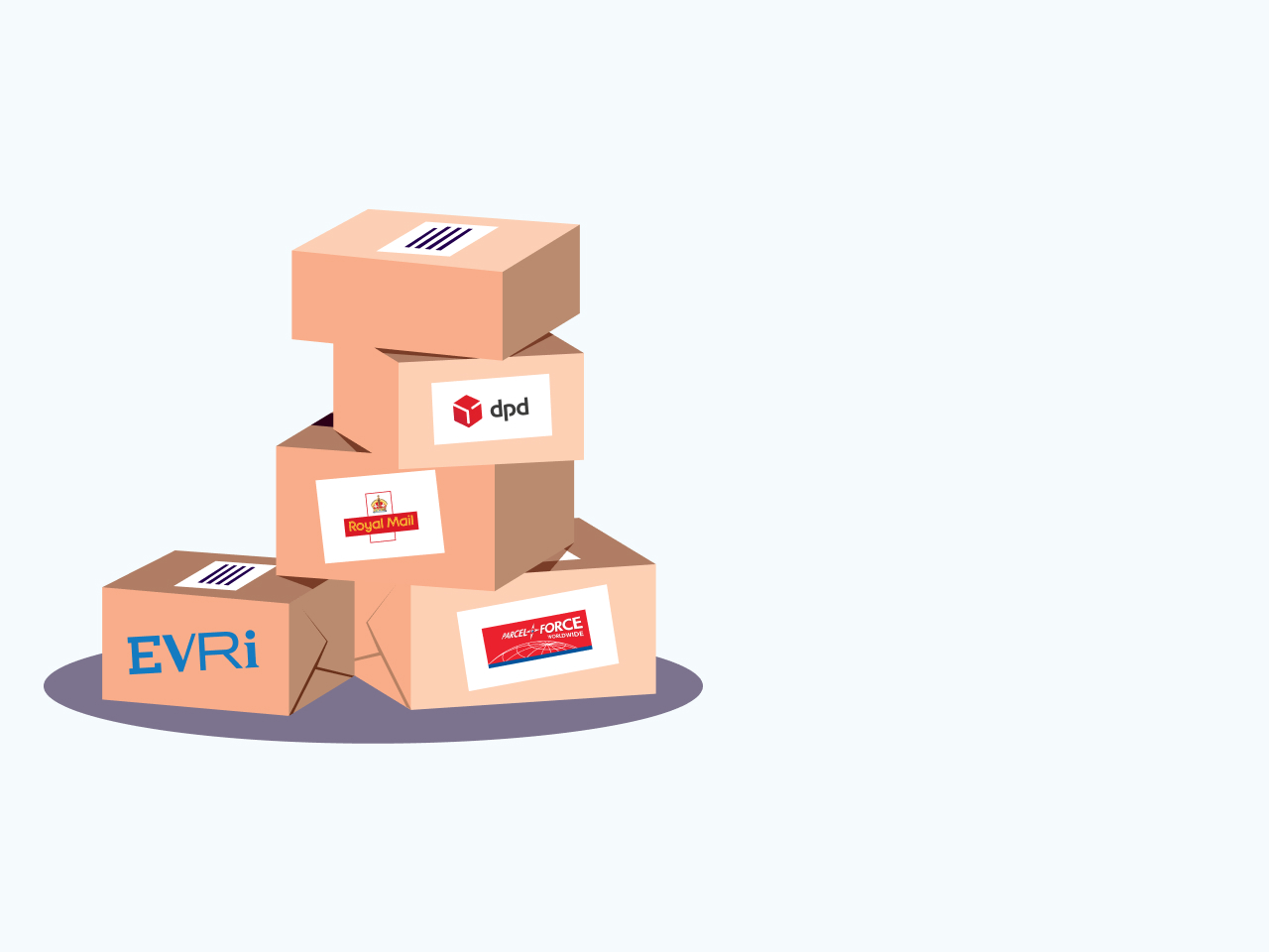 An illustration of a stack of parcels labelled DPD, Evri, Royal Mail and Parcelforce Worldwide